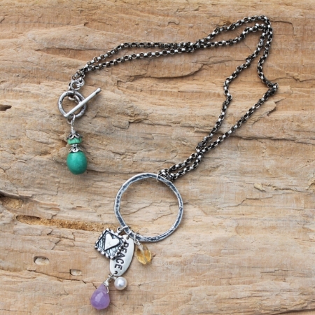 Sterling Peace Love Necklace with Gemstones