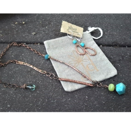 Hammered Copper, Turquoise & Jade Necklace