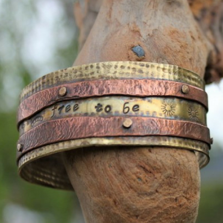 Be Free Cuff- Textured Brass & Riveted Copper