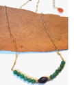 full view blue and green gemstone necklace on wood