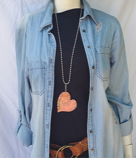 copper heart riveted & stamped with Fierce Love long casual necklace with denim outfit