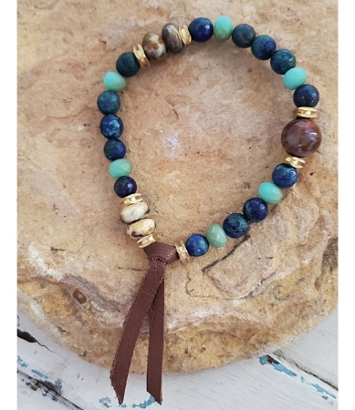 Blue tan gemstone bracelet on rock men's unisex