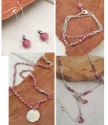 collage of pink stone necklaces, bracelet and earrings