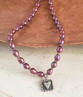 Purple pink pearl silver square framed heart necklace