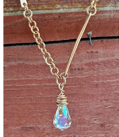 hand forged bronze bar Swarovski crystal pendant necklace
