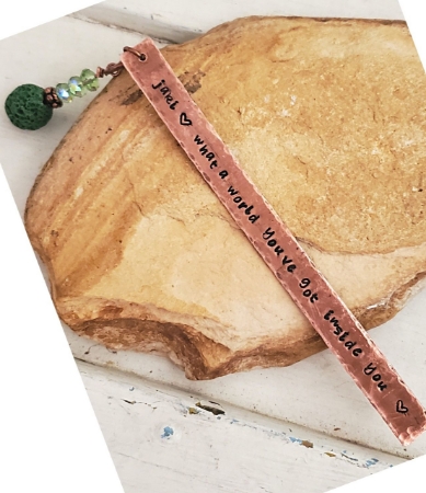 copper rectangle bookmark with quote and green beads