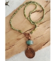old vintage coin green pearl teal gemstone necklace on wood