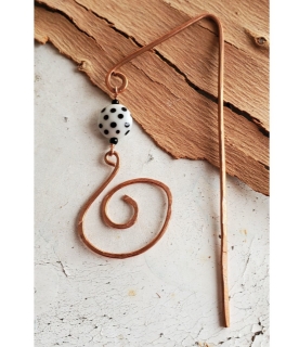 hand forged copper spiral bookmark with white polka dot bead