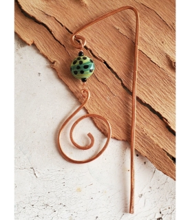 hand forged copper spiral bookmark with green & black polka dot bead