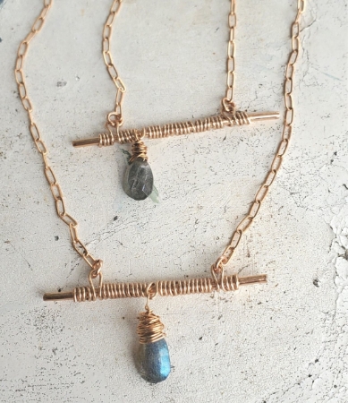 center set and offset gray gemstone bronze bar paperclip chain necklaces
