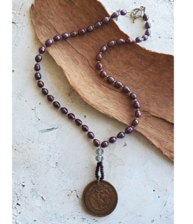 Old Mexican coin purple pearl necklace full view