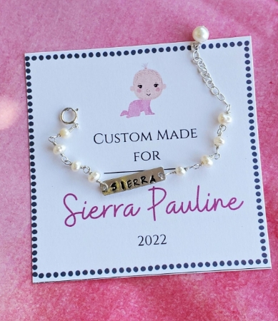 silver ID white pearl baby bracelet & card insert