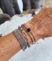 Silver bead ball, box, rolo chain black gemstone bracelet stack on wrist