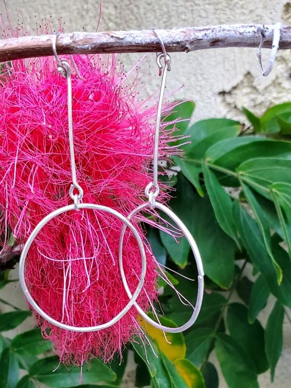 silver hoop stick earrings with leaves & pink flower