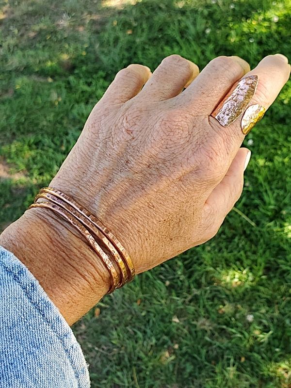 wearing a copper cuff stack & wrap ring