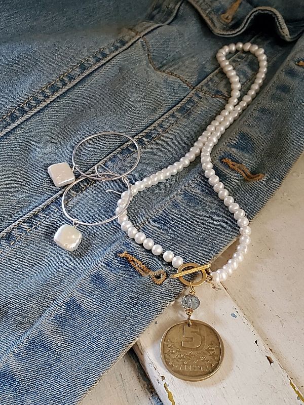 jean jacket with white pearl necklace & earrings