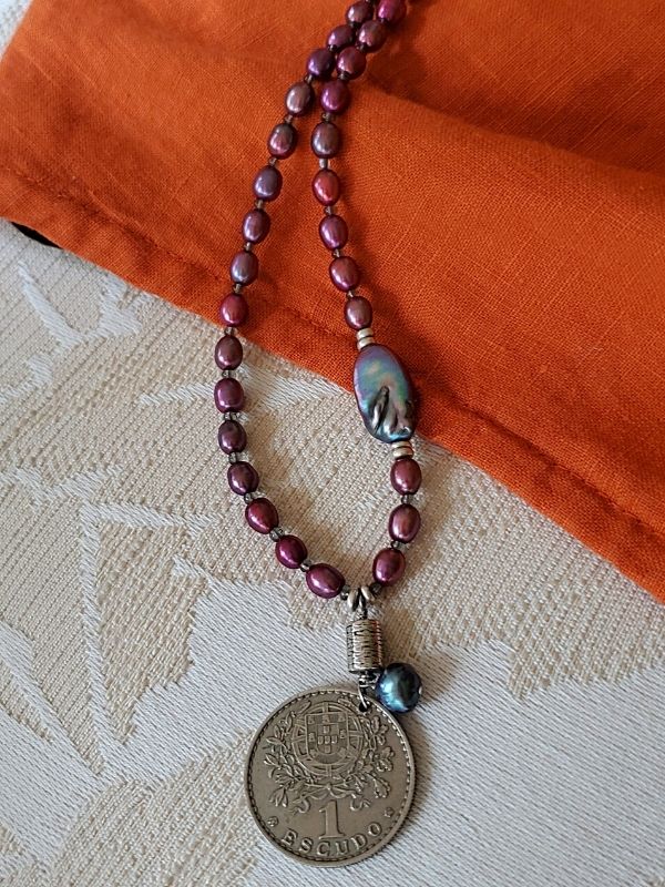 purple pearl coin necklace with orange top