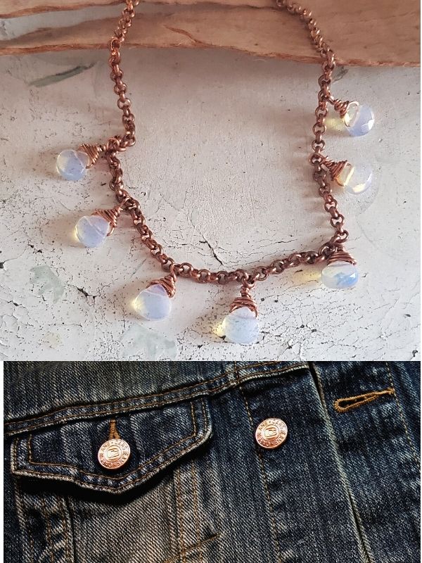 iridescent stone copper chain necklace & blue jeans