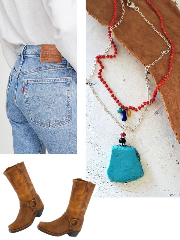 layered necklaces, boots & jeans