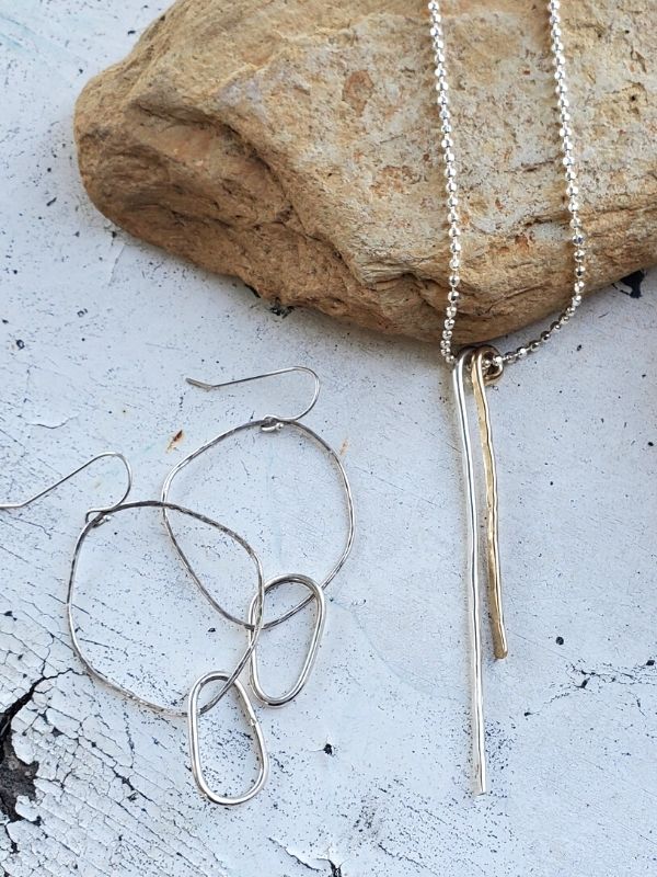 silver & gold stick necklace & organic silver hoop earrings